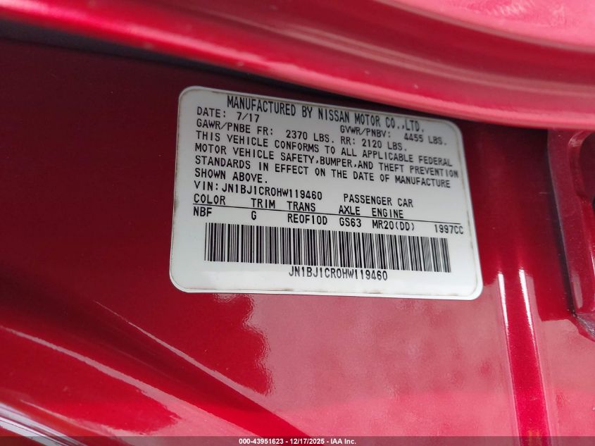 2017 Nissan Rogue Sport S VIN: JN1BJ1CR0HW119460 Lot: 43951623