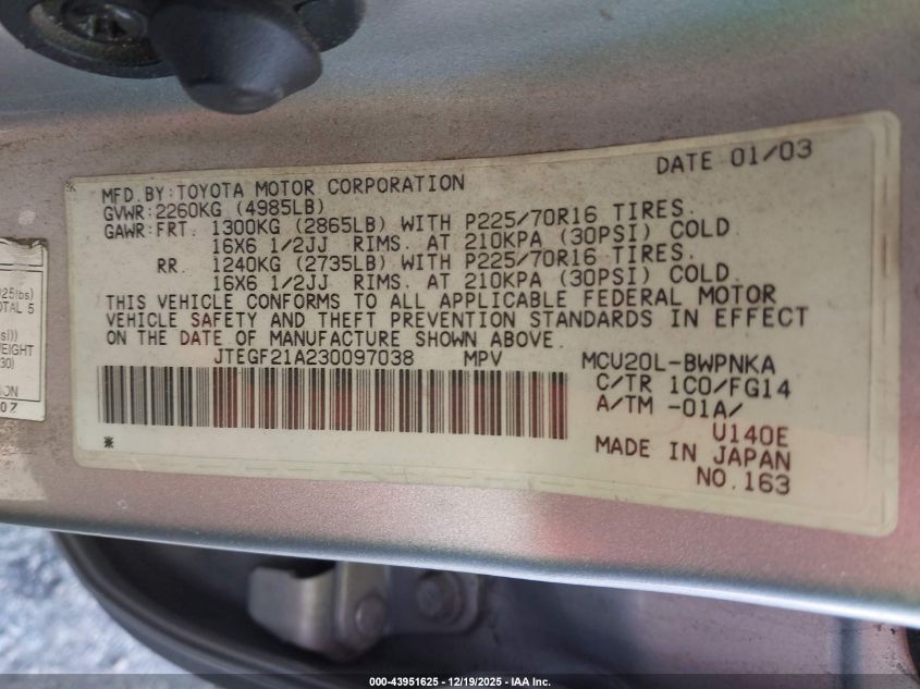 2003 Toyota Highlander V6 VIN: JTEGF21A230097038 Lot: 43951625