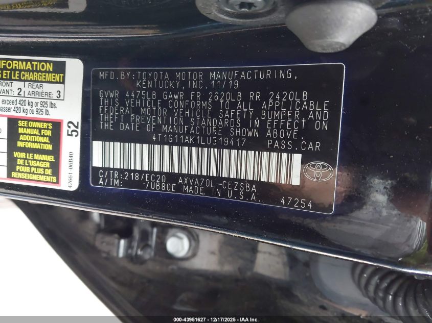 2020 Toyota Camry Se Nightshade Edition VIN: 4T1G11AK1LU319417 Lot: 43951627