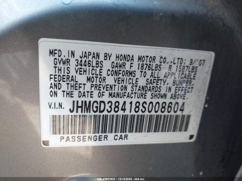 2008 Honda Fit VIN: JHMGD38418S008604 Lot: 43951631