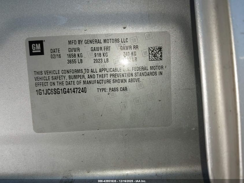 2016 Chevrolet Sonic Lt Auto VIN: 1G1JC6SG1G4147240 Lot: 43951635