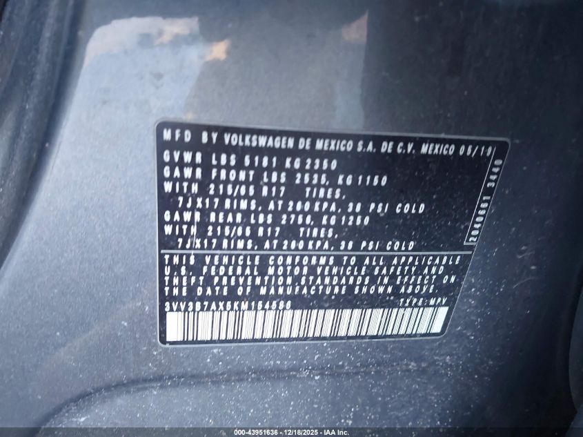 2019 Volkswagen Tiguan 2.0T Se/2.0T Sel/2.0T Sel R-Line/2.0T Sel R-Line Black VIN: 3VV3B7AX5KM154586 Lot: 43951636