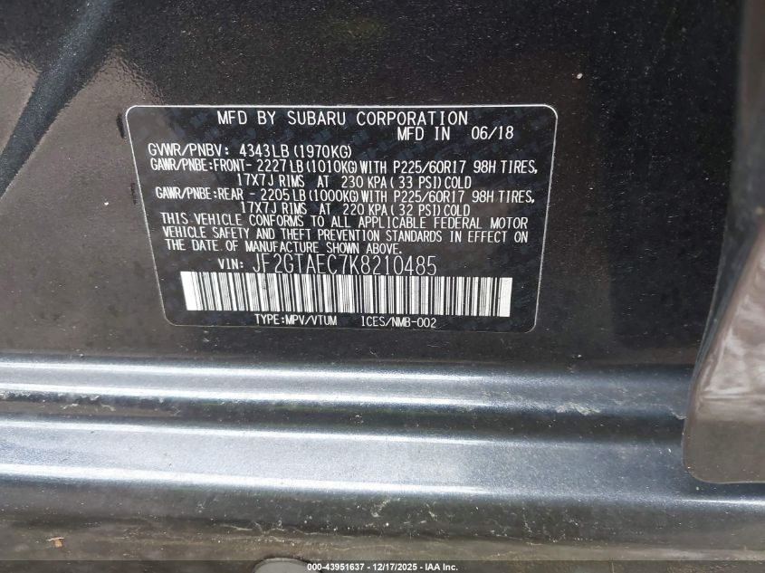 2019 Subaru Crosstrek 2.0I Premium VIN: JF2GTAEC7K8210485 Lot: 43951637