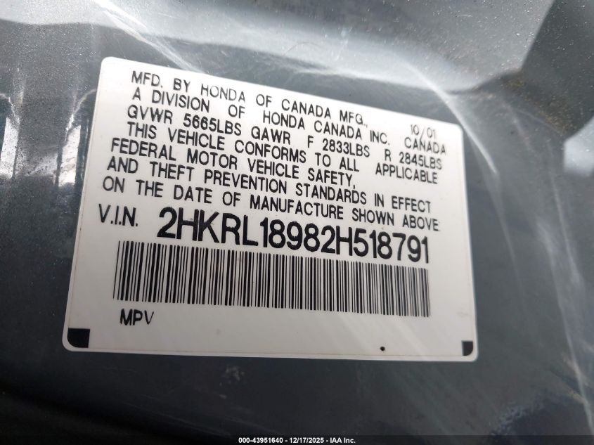 2002 Honda Odyssey Ex-L VIN: 2HKRL18982H518791 Lot: 43951640