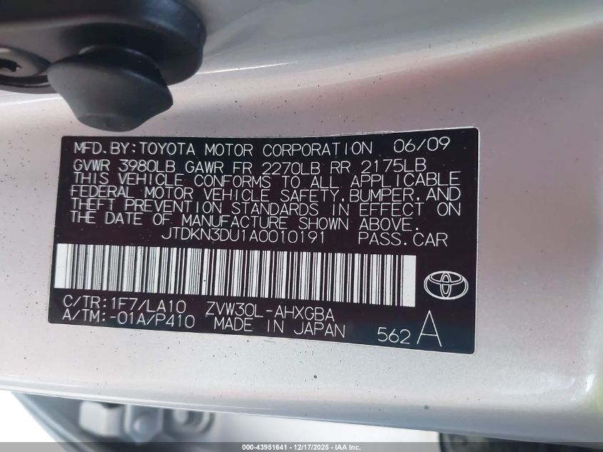 2010 Toyota Prius Iv VIN: JTDKN3DU1A0010191 Lot: 43951641