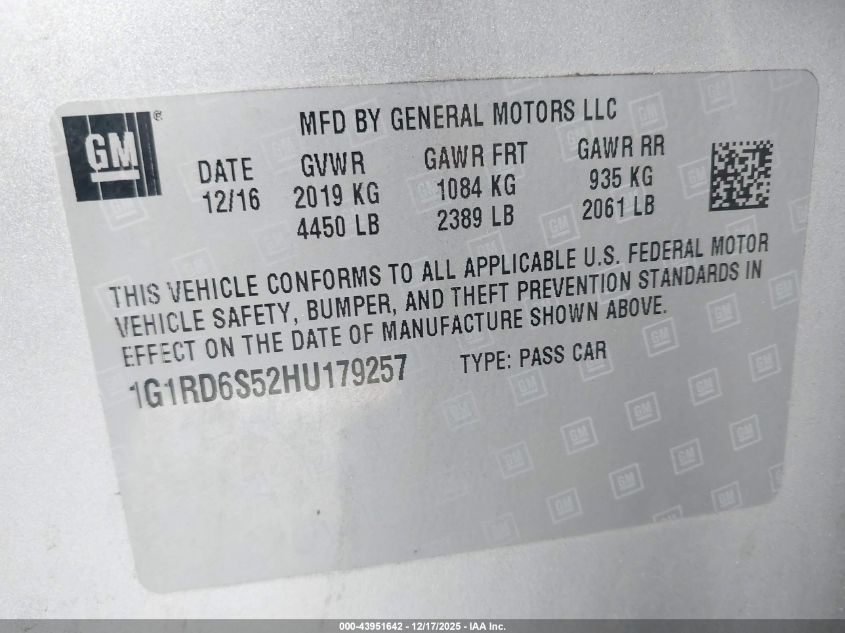 2017 Chevrolet Volt Premier VIN: 1G1RD6S52HU179257 Lot: 43951642