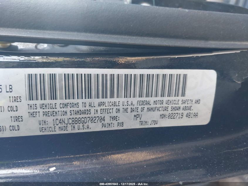 2016 Jeep Compass 75Th Anniversary VIN: 1C4NJCBB8GD702704 Lot: 43951643