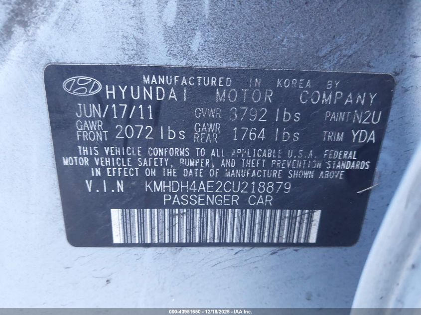 2012 Hyundai Elantra Limited (Ulsan Plant) VIN: KMHDH4AE2CU218879 Lot: 43951650