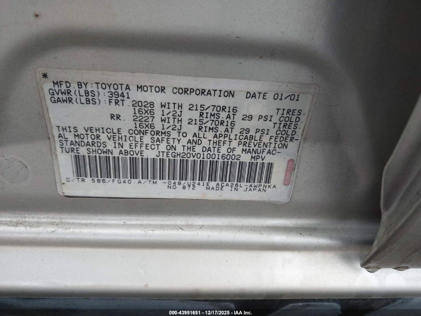 2001 Toyota Rav4 VIN: JTEGH20V010016002 Lot: 43951651