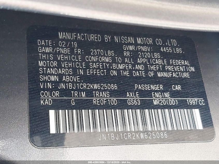 2019 Nissan Rogue Sport S VIN: JN1BJ1CR2KW625086 Lot: 43951654