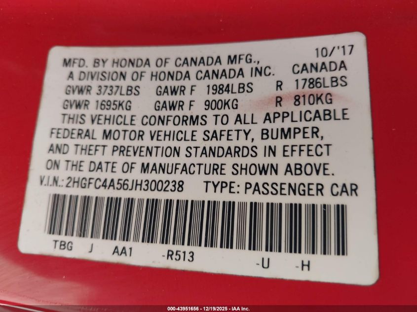 2018 Honda Civic Lx VIN: 2HGFC4A56JH300238 Lot: 43951656