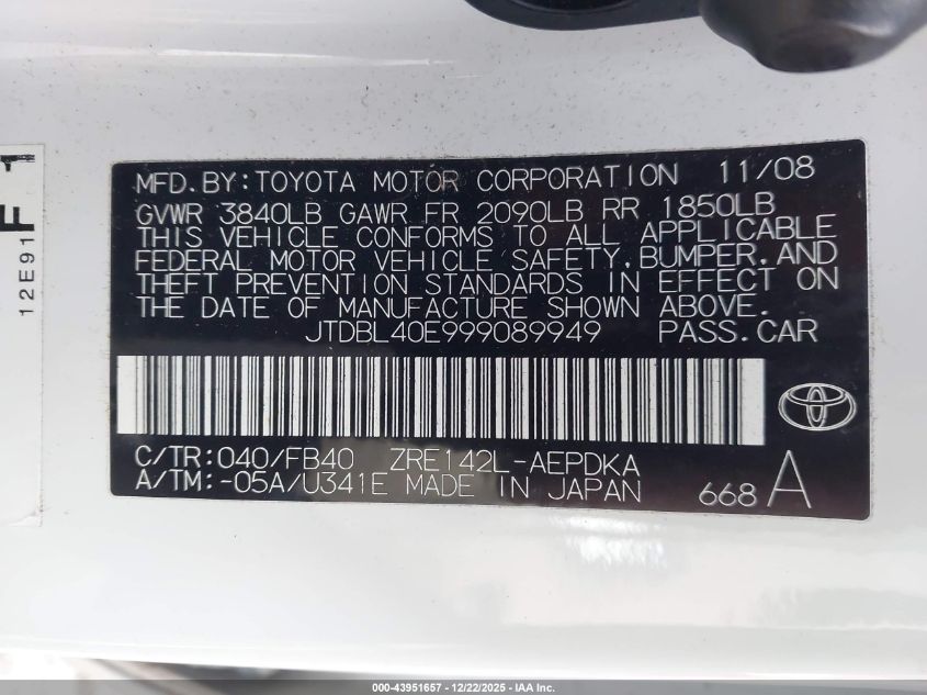 2009 Toyota Corolla VIN: JTDBL40E999089949 Lot: 43951657