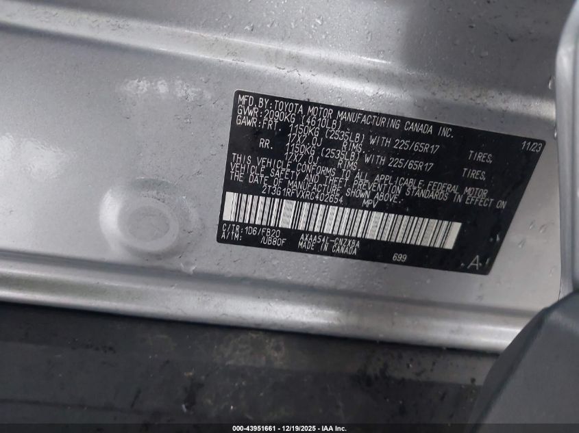 2024 Toyota Rav4 Le VIN: 2T3G1RFVXRC402654 Lot: 43951661