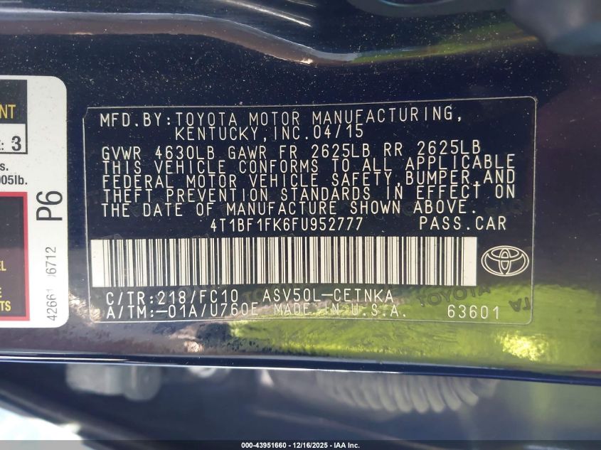 2015 Toyota Camry Le VIN: 4T1BF1FK6FU952777 Lot: 43951660