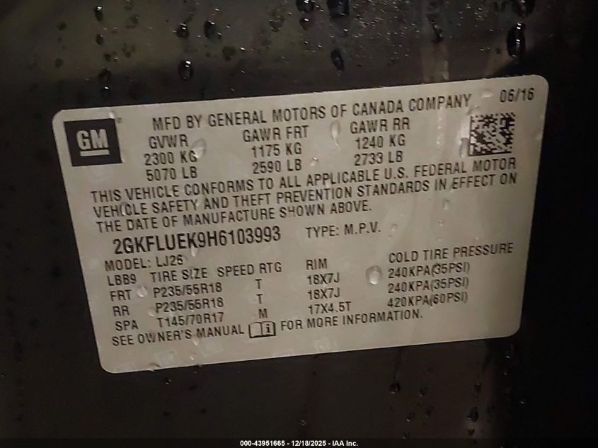 2017 GMC Terrain Slt VIN: 2GKFLUEK9H6103993 Lot: 43951665