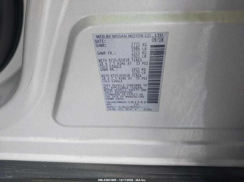 2019 Nissan Pathfinder Sv VIN: 5N1DR2MM6KC581243 Lot: 43951669