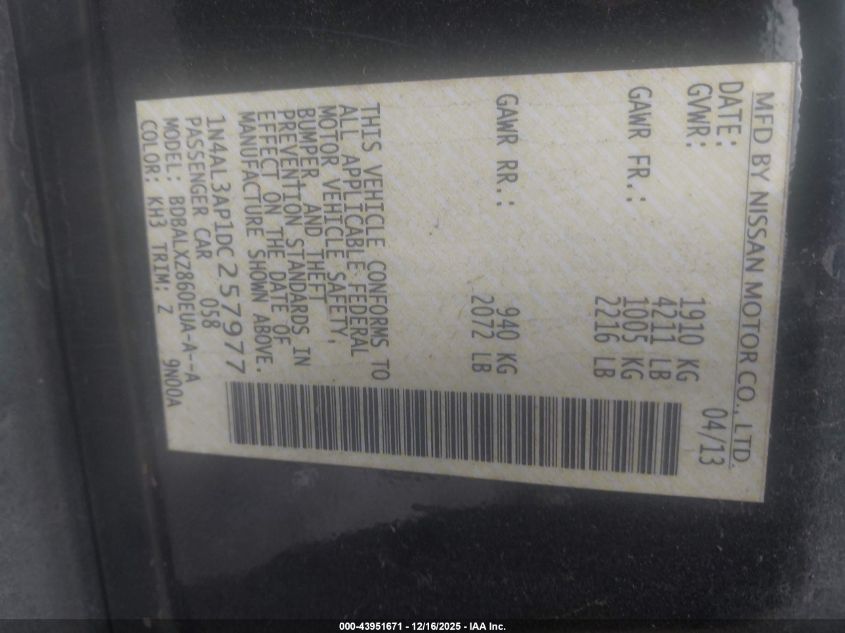 2013 Nissan Altima 2.5 Sl VIN: 1N4AL3AP1DC257977 Lot: 43951671