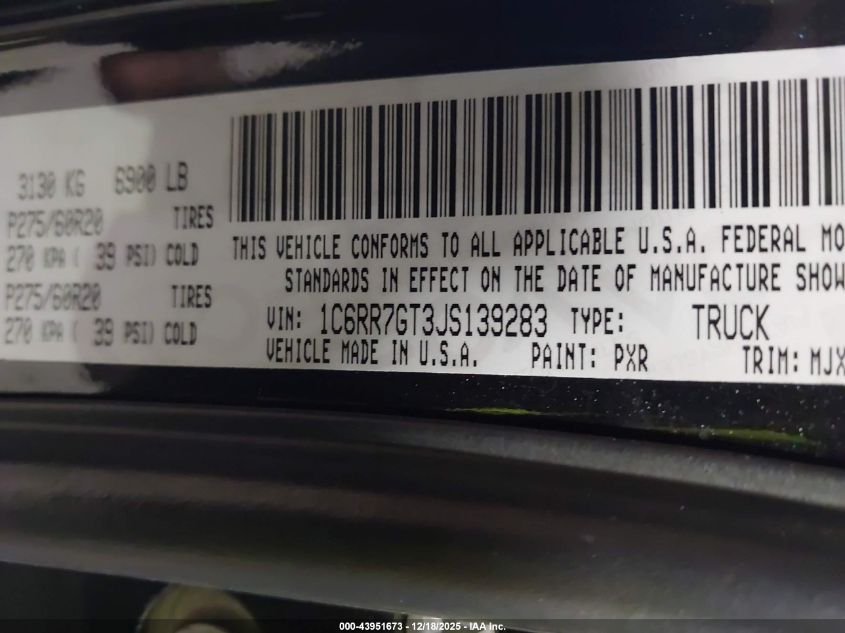 2018 Ram 1500 Harvest 4X4 6'4 Box VIN: 1C6RR7GT3JS139283 Lot: 43951673