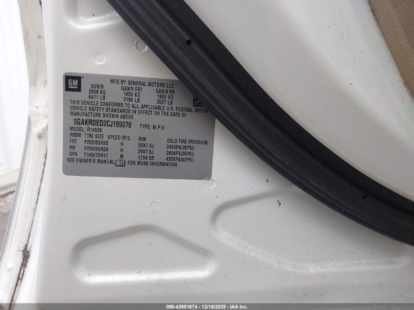 2012 Buick Enclave Premium VIN: 5GAKRDED2CJ189378 Lot: 43951674