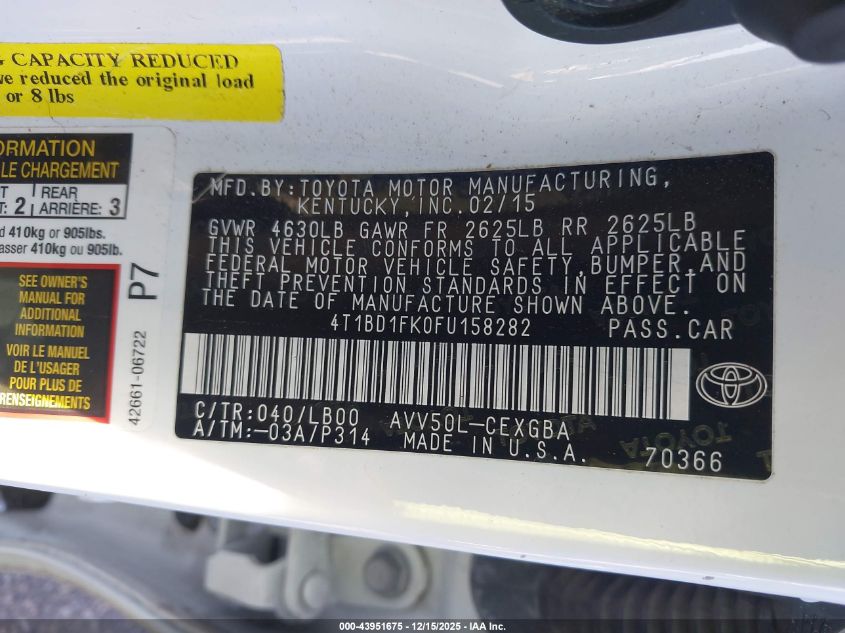 2015 Toyota Camry Hybrid Xle VIN: 4T1BD1FK0FU158282 Lot: 43951675