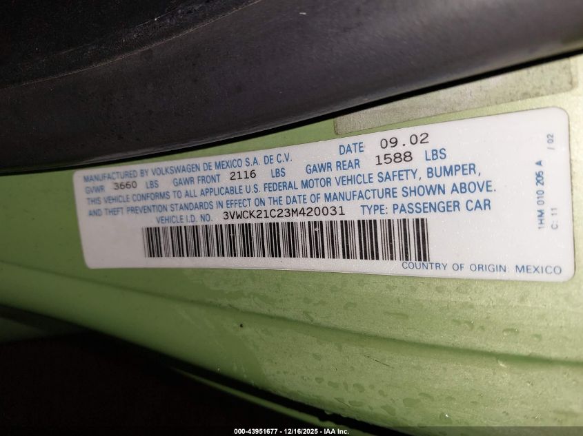 2003 Volkswagen New Beetle Gls 2.0L VIN: 3VWCK21C23M420031 Lot: 43951677