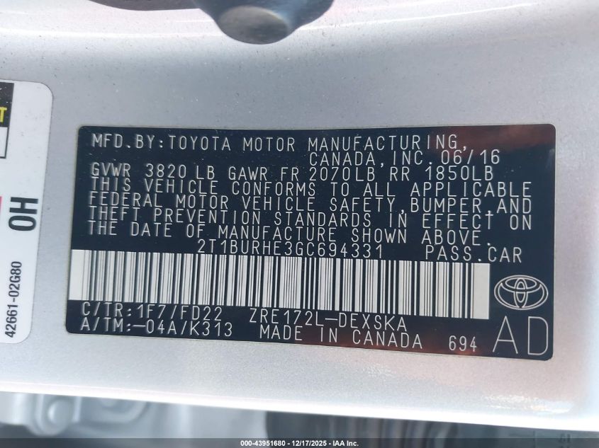 2016 Toyota Corolla S Plus VIN: 2T1BURHE3GC694331 Lot: 43951680