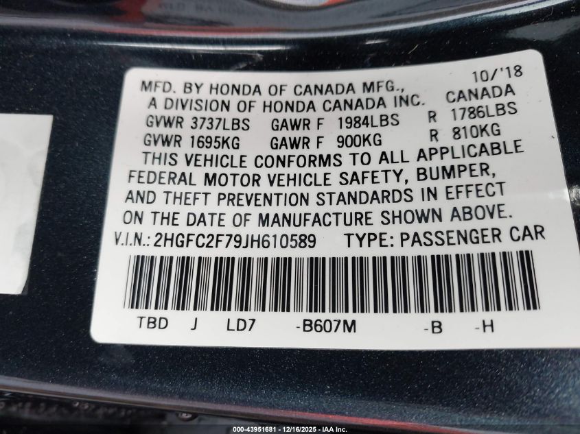2018 Honda Civic Ex VIN: 2HGFC2F79JH610589 Lot: 43951681