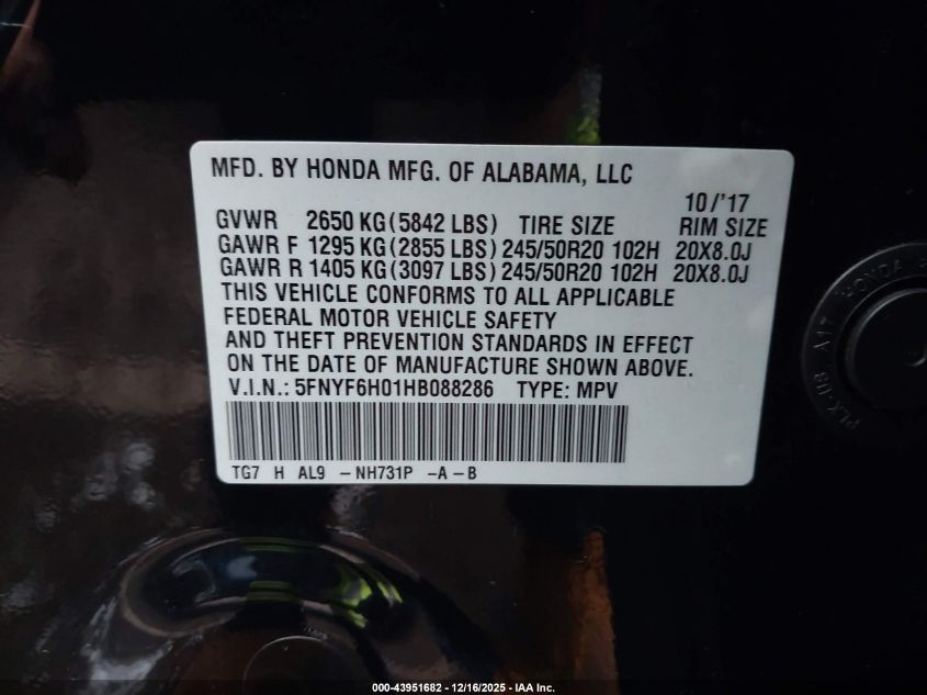 2017 Honda Pilot Elite VIN: 5FNYF6H01HB088286 Lot: 43951682