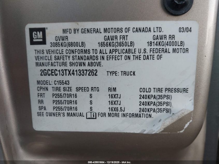2004 Chevrolet Silverado 1500 Ls VIN: 2GCEC13TX41337262 Lot: 43951684