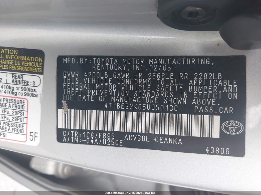 2005 Toyota Camry Le VIN: 4T1BE32K05U050130 Lot: 43951686