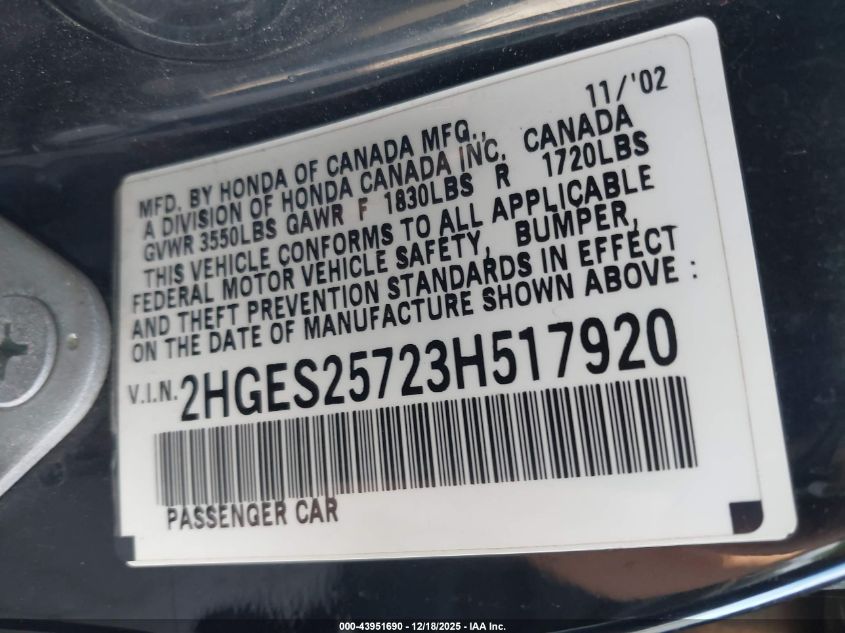 2003 Honda Civic Ex VIN: 2HGES25723H517920 Lot: 43951690