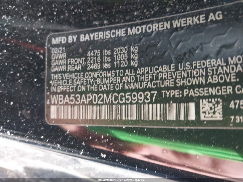2021 BMW 430I VIN: WBA53AP02MCG59937 Lot: 43951691