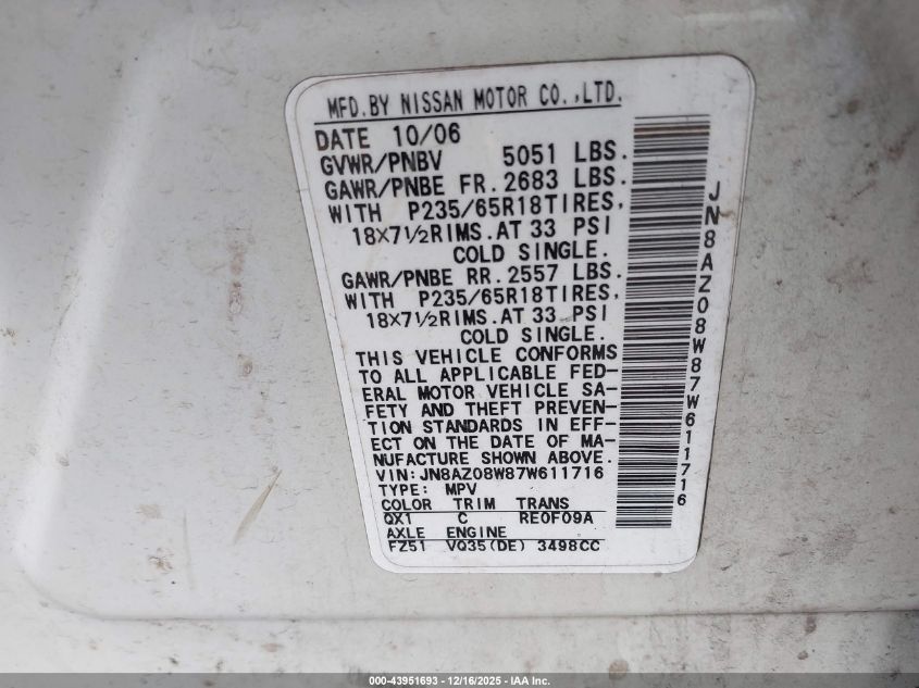 2007 Nissan Murano Sl VIN: JN8AZ08W87W611716 Lot: 43951693