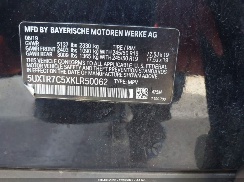 2019 BMW X3 Sdrive30I VIN: 5UXTR7C5XKLR50062 Lot: 43951695