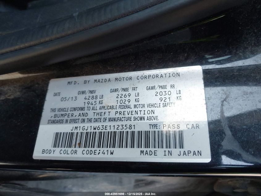 2014 Mazda Mazda6 I Grand Touring VIN: JM1GJ1W63E1123581 Lot: 43951698