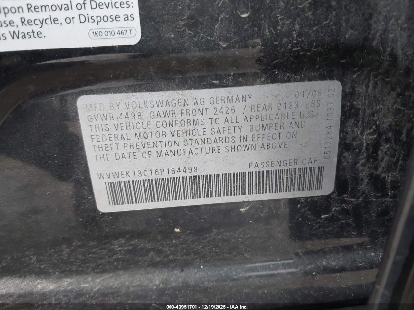 2006 Volkswagen Passat 2.0T VIN: WVWEK73C16P164498 Lot: 43951701