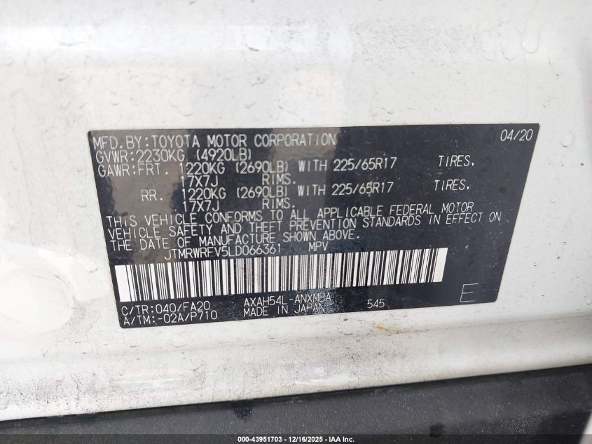 2020 Toyota Rav4 Hybrid Xle VIN: JTMRWRFV5LD066361 Lot: 43951703