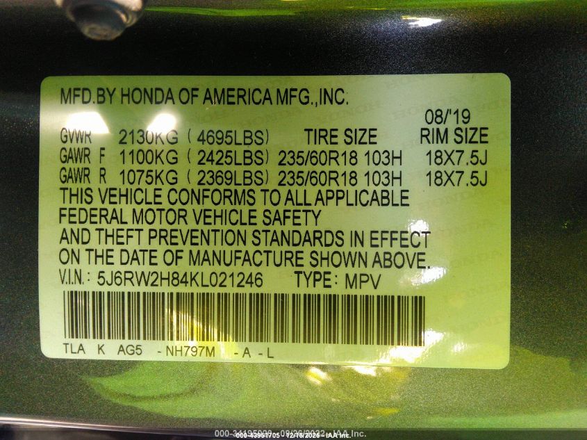 2019 Honda Cr-V Ex-L VIN: 5J6RW2H84KL021246 Lot: 43951705