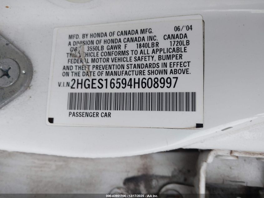 2004 Honda Civic Lx VIN: 2HGES16594H608997 Lot: 43951706
