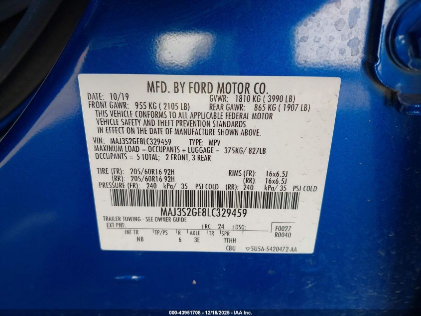 2020 Ford Ecosport Se VIN: MAJ3S2GE8LC329459 Lot: 43951708