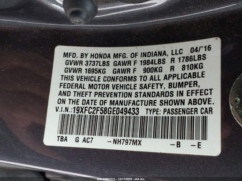 2016 Honda Civic Lx VIN: 19XFC2F58GE049433 Lot: 43951711