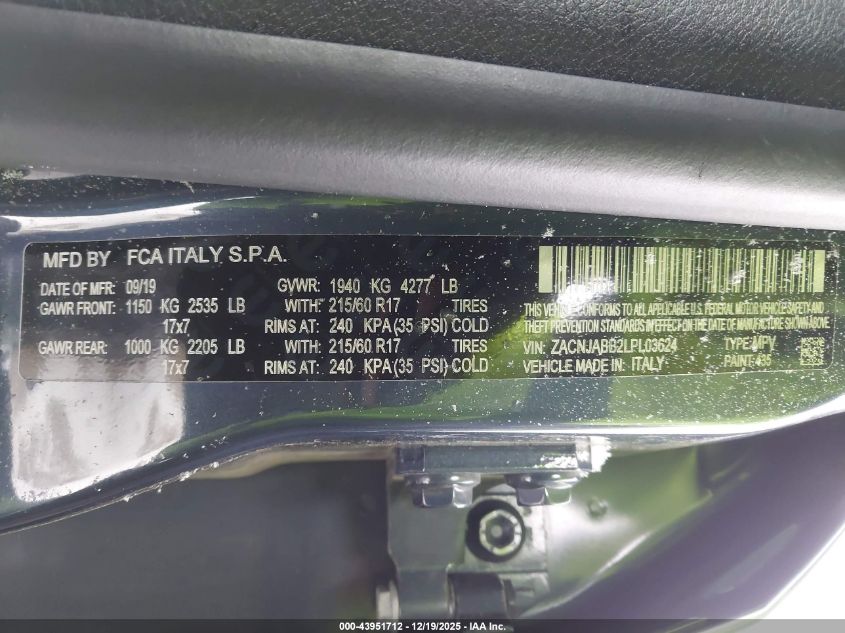 2020 Jeep Renegade Altitude Fwd VIN: ZACNJABB2LPL03624 Lot: 43951712