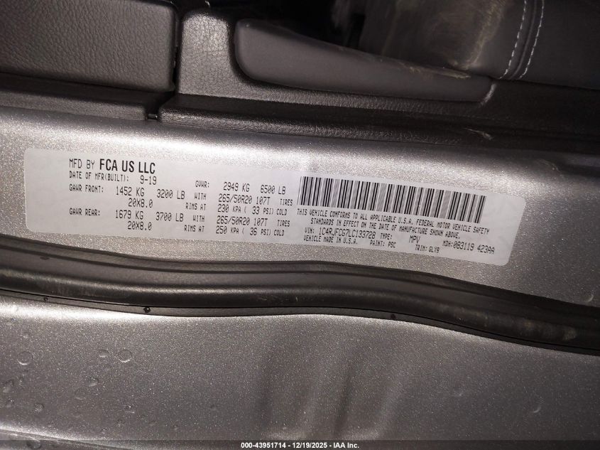 2020 Jeep Grand Cherokee Overland 4X4 VIN: 1C4RJFCG7LC133728 Lot: 43951714