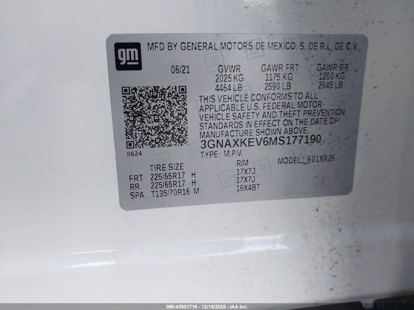 2021 Chevrolet Equinox Fwd Lt VIN: 3GNAXKEV6MS177190 Lot: 43951716