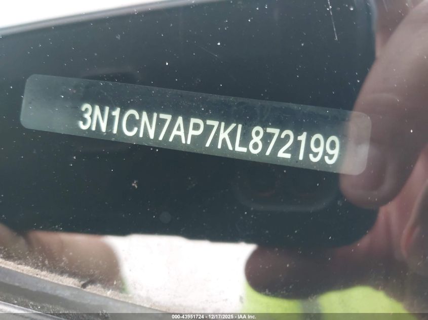 2019 Nissan Versa 1.6 Sv VIN: 3N1CN7AP7KL872199 Lot: 43951724