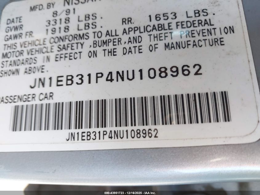 1992 Nissan Sentra VIN: JN1EB31P4NU108962 Lot: 43951723