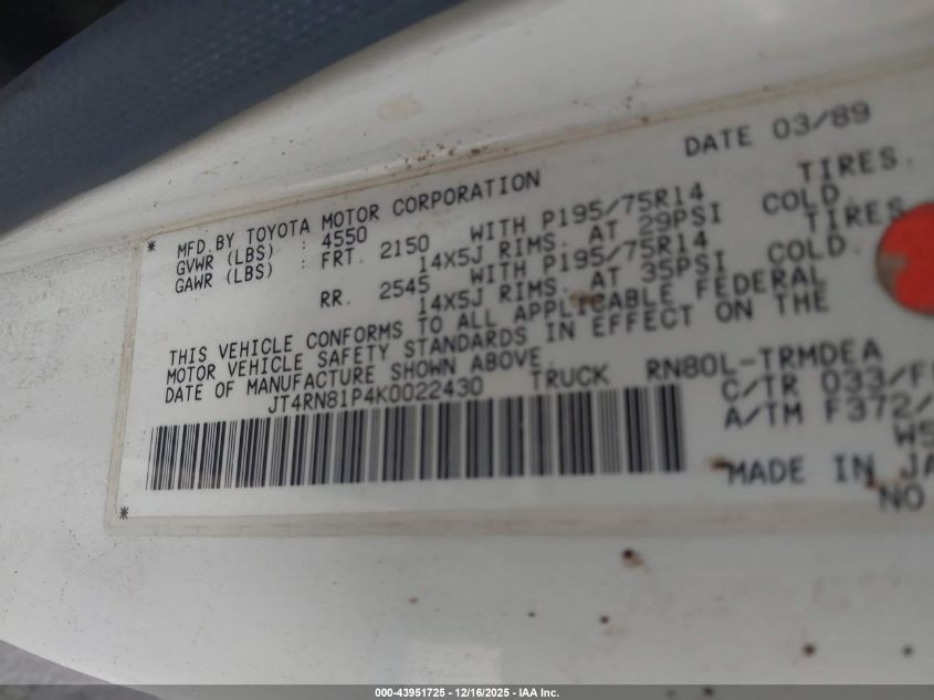 1989 Toyota Pickup 1/2 Ton Sht Wheelbase Dlx VIN: JT4RN81P4K0022430 Lot: 43951725