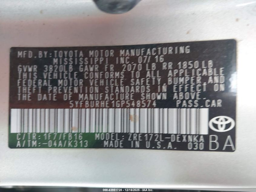 2016 Toyota Corolla Le VIN: 5YFBURHE1GP548574 Lot: 43951728