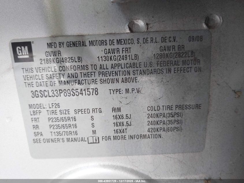 2009 Saturn Vue 4-Cyl Xe VIN: 3GSCL33P89S541578 Lot: 43951729