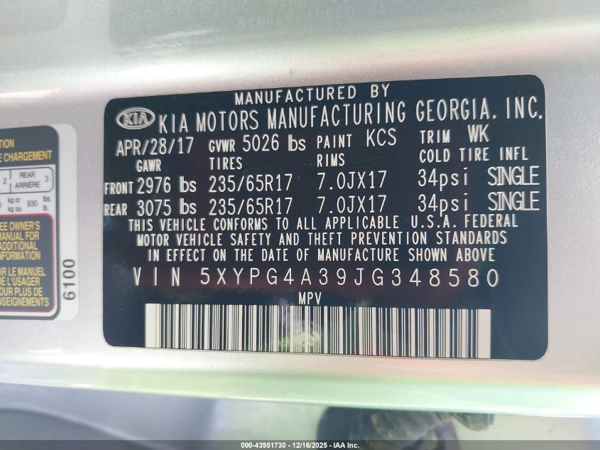 2018 Kia Sorento 2.4L L VIN: 5XYPG4A39JG348580 Lot: 43951730